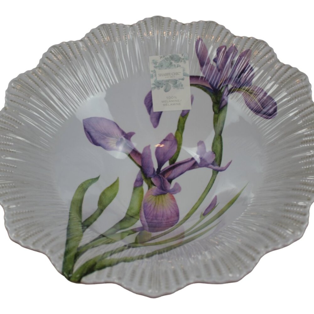 Shabby Chic Melamine Serving Bowl White Purple Iris Scalloped Large 13" NWT